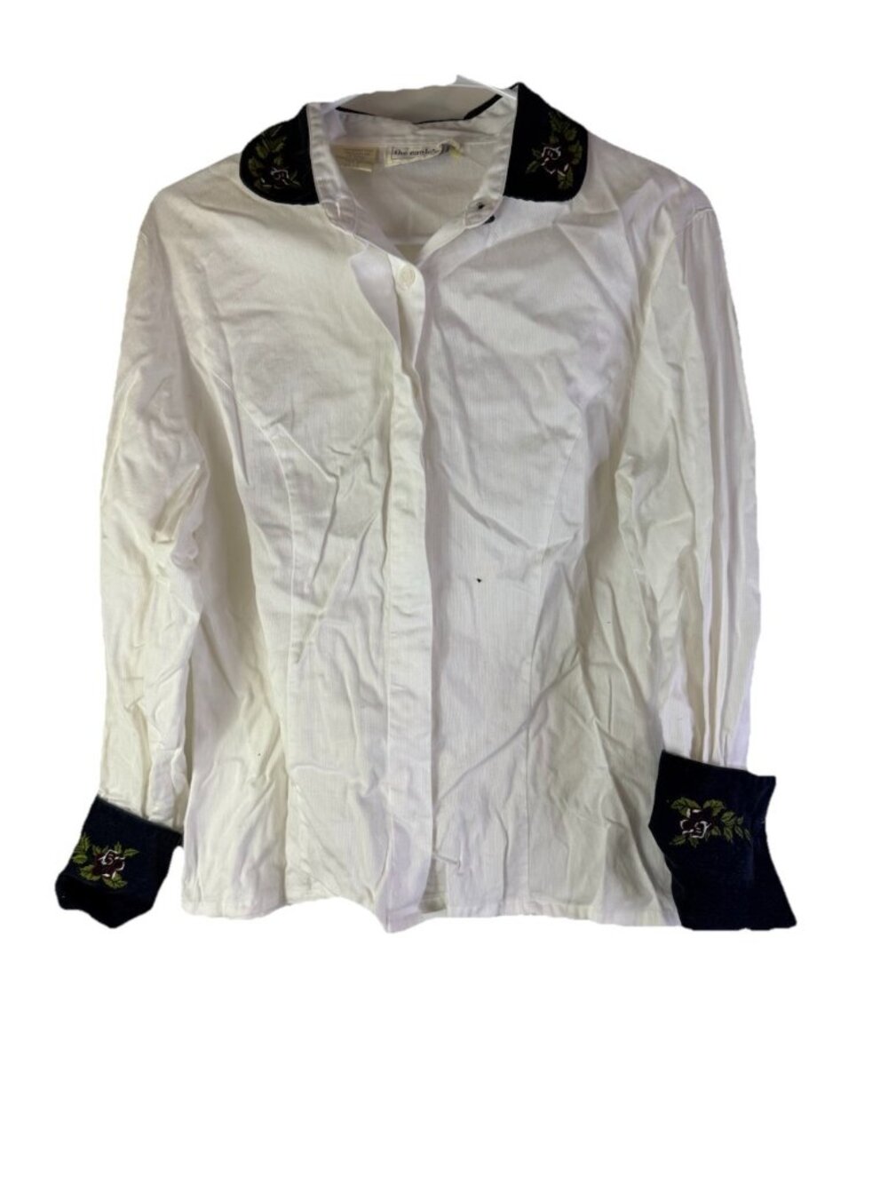 Vintage 90s Whimsical Button Shirt Corduroy Collar Floral Embroidered Cuffs M